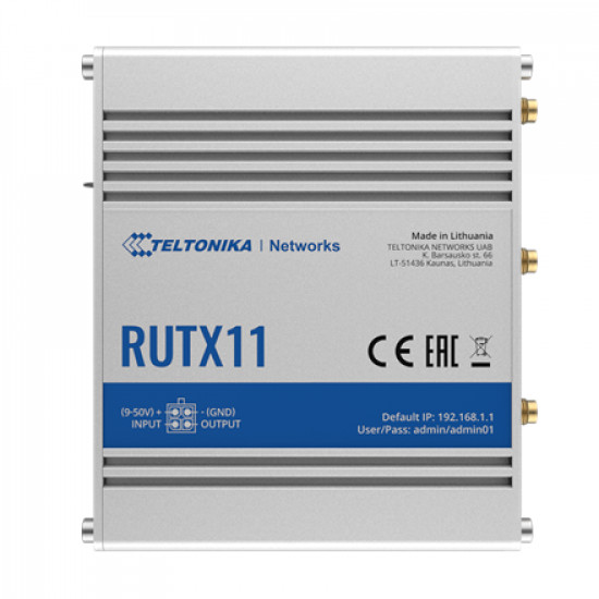 Industrial Router 4G LTE Cat6 DualSIM | RUTX11 | 802.11ac | 867 Mbit/s | 10/100/1000 Mbit/s | Ethernet LAN (RJ-45) ports 4 | Mesh Support No | MU-MiMO Yes | 4G | Antenna type 2xSMA for LTE, 2xRP-SMA for WiFi, 1xRP-SMA for Bluetooth, 1xSMA for GNSS | 1 | 2