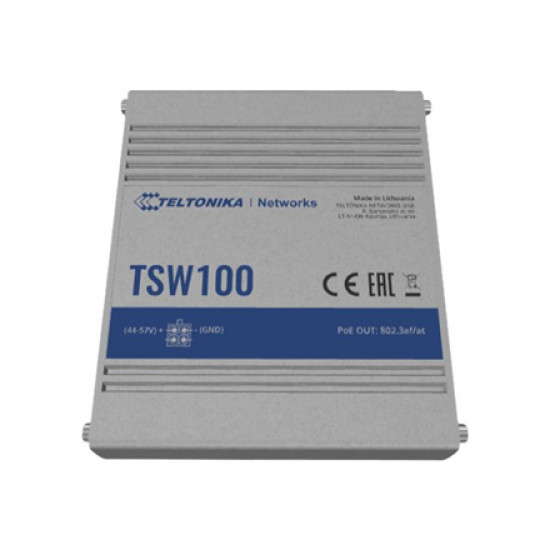 Teltonika | Industiral POE+ Swith | TSW100 | Unmanaged | Desktop | 1 Gbps (RJ-45) ports quantity 5 | SFP ports quantity | PoE ports quantity 4 | PoE+ ports quantity 4 | Power supply type | 24 month(s)