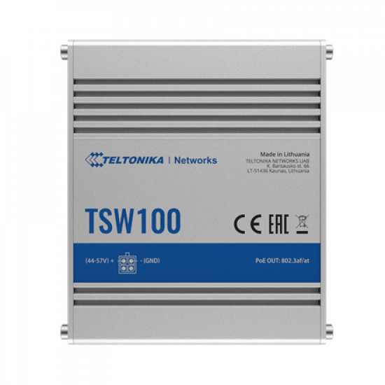 Teltonika | Industiral POE+ Swith | TSW100 | Unmanaged | Desktop | 1 Gbps (RJ-45) ports quantity 5 | SFP ports quantity | PoE ports quantity 4 | PoE+ ports quantity 4 | Power supply type | 24 month(s)