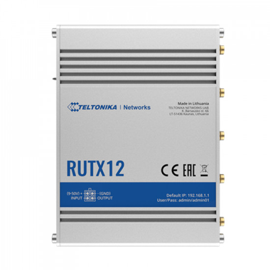 Dual LTE Cat 6 Router | RUTX12 | 802.11ac | 867 Mbit/s | 10/100/1000 Mbit/s | Ethernet LAN (RJ-45) ports 4 | Mesh Support No | MU-MiMO Yes | 4G | Antenna type 4xSMA for LTE, 2xRP-SMA for WiFi, 1xRP-SMA for Bluetooth, 1xSMA for GNNS | 1 x USB A