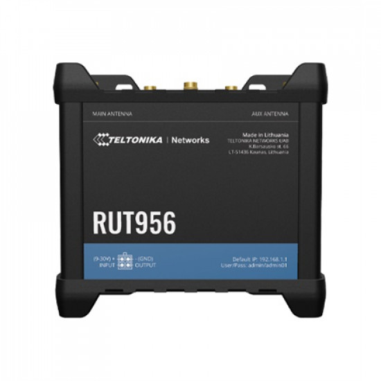 Industrial Router | RUT956 | 802.11n | Mbit/s | 10/100 Mbit/s | Ethernet LAN (RJ-45) ports 4 | Mesh Support No | MU-MiMO No | 2G/3G/4G | Antenna type 2 x SMA for LTE, 2 x RP-SMA for WiFi, 1 x SMA for GNSS | 1x USB 2.0