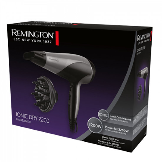 Remington Hair Dryer | D3190S | 2200 W | Number of temperature settings 3 | Ionic function | Diffuser nozzle | Grey/Black