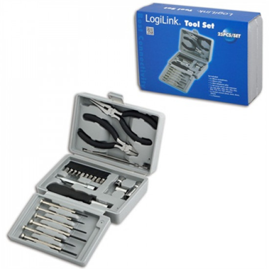 Logilink | Tool Set, 25pcs | Incl. transport boxThe set includes6x micro screwdrivers1x micro cutter1x mini telephone plier1x bit screwdriver with extension10x bits (PH1, PH2, PZ1, PZ2, PZ5, PZ6, T10, T15, T20, adaptor)4x socket wrench (5mm, 6mm, 8mm, 10m