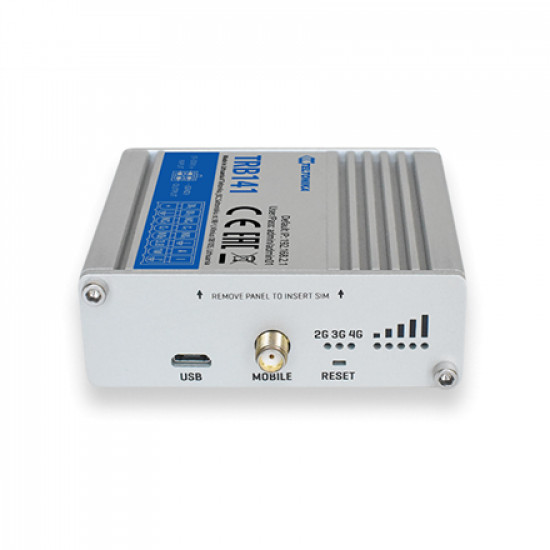 LTE Gateway: No WiFi, 4G, Input/Output, Micro USB | LTE Gateway | TRB141 | No Wi-Fi | Ethernet LAN (RJ-45) ports 0 | Mesh Support No | MU-MiMO No | 2G/3G/4G | Antenna type 1 x SMA for LTE | 1 x Virtual network interface via micro USB