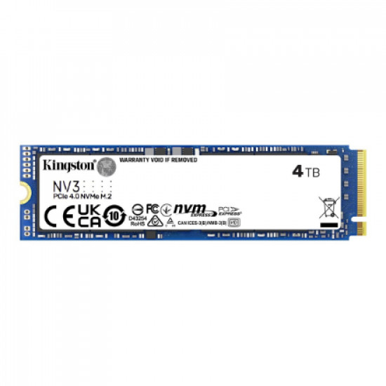 Kingston SSD | NV3 | 4000 GB | SSD form factor M.2 2280 | Solid-state drive interface PCIe 4.0 x4 NVMe | Read speed 6000 MB/s | Write speed 5000 MB/s