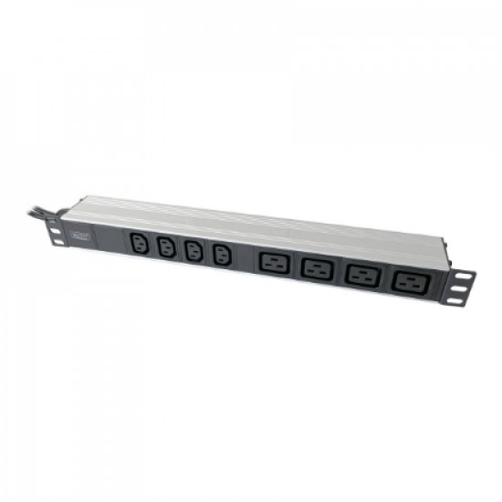 1U Aluminum PDU, rackmountable, 4x C13, 4x C19 2x 16A Plug, 250VAC 50/60Hz open end | DN-95423 | Sockets quantity 10