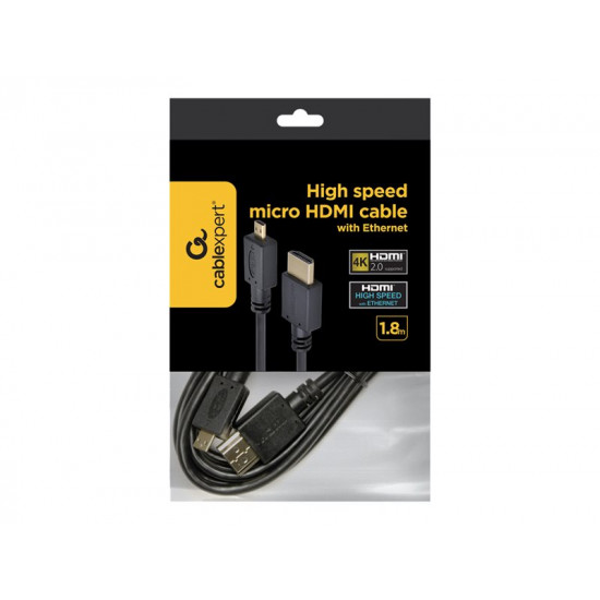 HDMI male to micro D-male black cable with gold-plated connectors, 1.8 m, bulk package