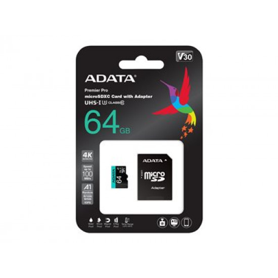 ADATA 64GB Micro SDXC UHS-I U3 V30S A2 + Adapter