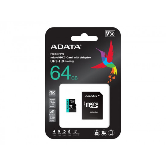 MEMORY MICRO SDXC 64GB W/ADAP./AUSDX64GUI3V30SA2-RA1 ADATA