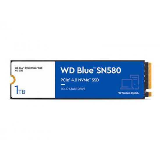 SSD|WESTERN DIGITAL|Blue SN580|1TB|M.2|PCIe Gen4|NVMe|TLC|Write speed 4150 MBytes/sec|Read speed 4150 MBytes/sec|2.38mm|TBW 600 TB|MTBF 1500000 hours|WDS100T3B0E