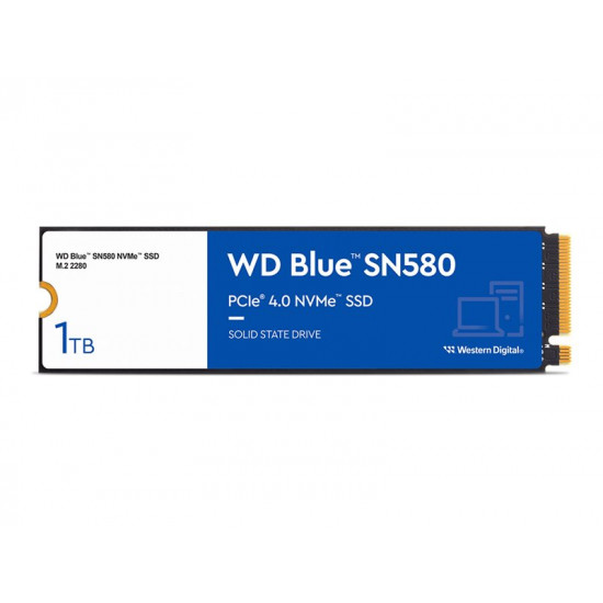 SSD|WESTERN DIGITAL|Blue SN580|1TB|M.2|PCIe Gen4|NVMe|TLC|Write speed 4150 MBytes/sec|Read speed 4150 MBytes/sec|2.38mm|TBW 600 TB|MTBF 1500000 hours|WDS100T3B0E