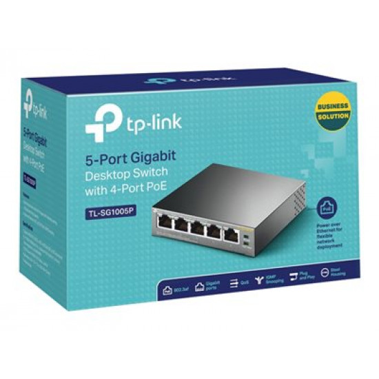 TP-LINK 5-Port Gigabit Desktop Switch with 4-Port PoE 5 Gigabit RJ45 ports including 4 PoE ports 56W PoE Power supply steel case