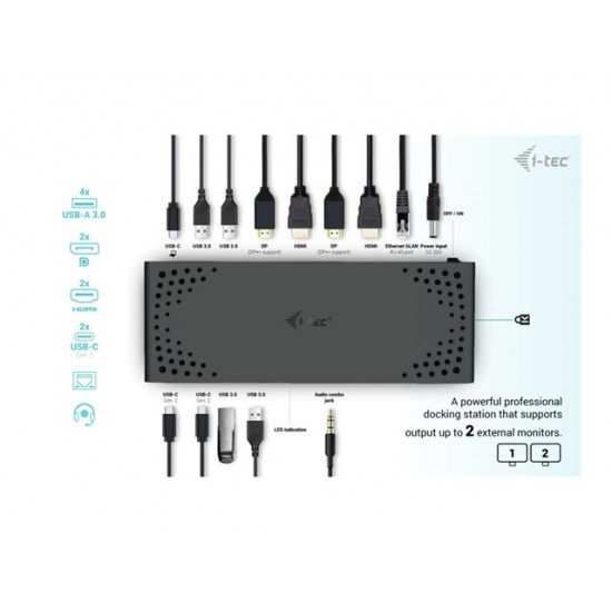 I-TEC USB 3.0/USB-C/Thunderbolt 3 Dualdock 1x5K 2x4K 60Hz 2xDP 2xHDMI 1xGLAN 4xUSB 3.2 2xUSB-C 3.2 Gen.2 1xAudio/Mic Jack PD 100W KL