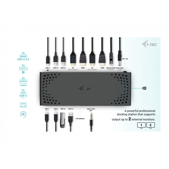 I-TEC USB 3.0/USB-C/Thunderbolt 3 Dualdock 1x5K 2x4K 60Hz 2xDP 2xHDMI 1xGLAN 4xUSB 3.2 2xUSB-C 3.2 Gen.2 1xAudio/Mic Jack PD 100W KL