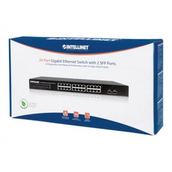 INTELLINET 561044 Gigabit Ethernet Switch with 2 SFP Ports 24 x 10/100/1000 Mbps RJ45 Ports + 2 x SFP IEEE 802.3az 19inch Rackmount