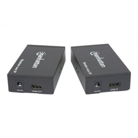 MANHATTAN 1080p HDMI over IP Extender Kit Extends 1080p Signal up to 120m with a Switch and Single Ethernet Cable IR Support Black