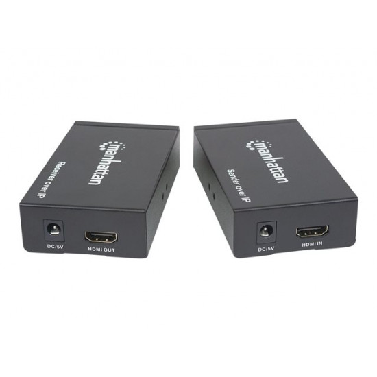 MANHATTAN 1080p HDMI over IP Extender Kit Extends 1080p Signal up to 120m with a Switch and Single Ethernet Cable IR Support Black