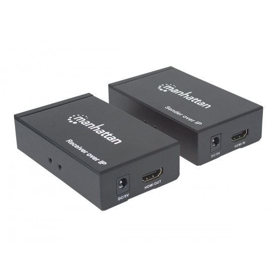 MANHATTAN 1080p HDMI over IP Extender Kit Extends 1080p Signal up to 120m with a Switch and Single Ethernet Cable IR Support Black