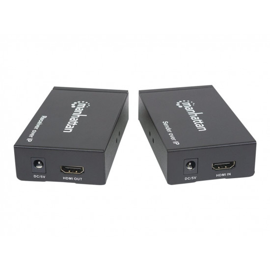 MANHATTAN 1080p HDMI over IP Extender Kit Extends 1080p Signal up to 120m with a Switch and Single Ethernet Cable IR Support Black