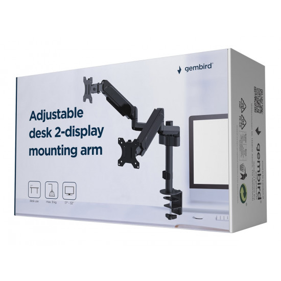 GEMBIRD MA-DA2P-01 Adjustable desk 2-display mounting arm 17-32inch up to 9 kg