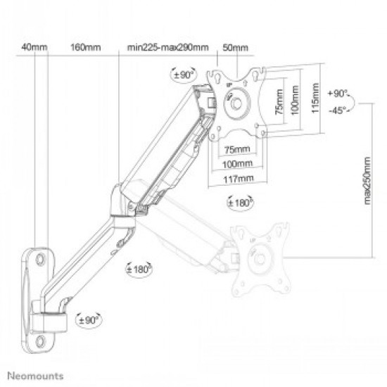 NEOMOUNTS BY NEWSTAR WALL MOUNTED GAS SPRING MONITOR ARM (3 PIVOTS VESA 100X100)