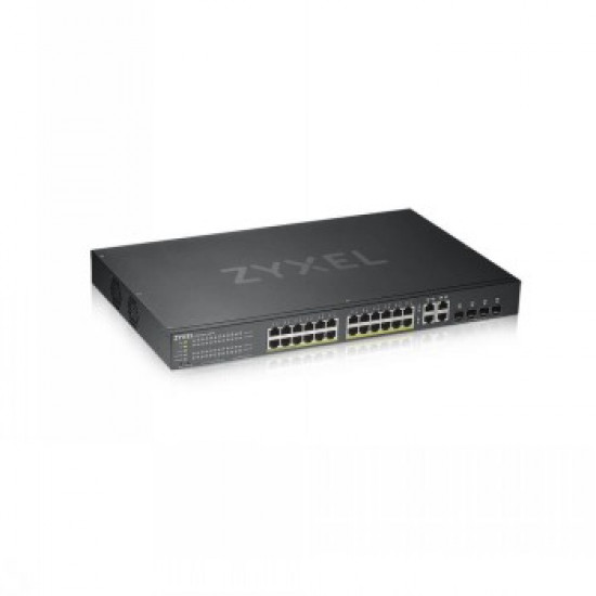 ZYXEL GS1920-24HPV2, 28 PORT SMART MANAGED POE SWITCH 24X GIGABIT COPPER POE AND 4X GIGABIT DUAL PERS., HYBRID MODE, STANDALONE OR NEBULAFLEX CLOUD, 375 WATT POE