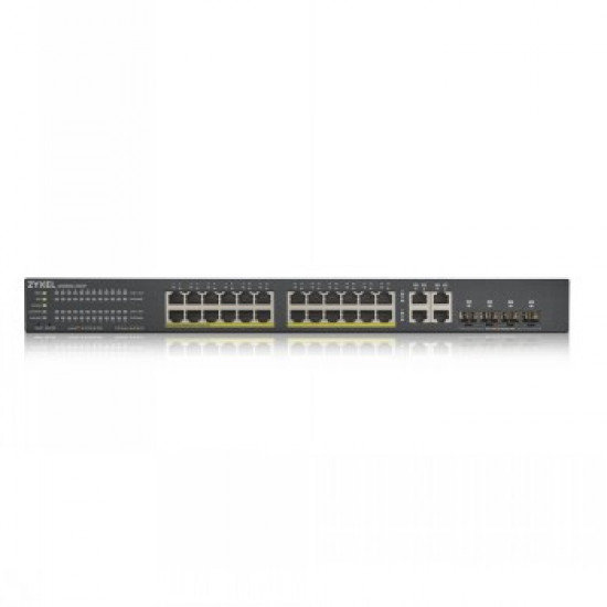 ZYXEL GS1920-24HPV2, 28 PORT SMART MANAGED POE SWITCH 24X GIGABIT COPPER POE AND 4X GIGABIT DUAL PERS., HYBRID MODE, STANDALONE OR NEBULAFLEX CLOUD, 375 WATT POE