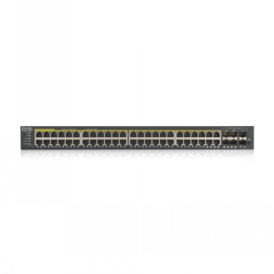 ZYXEL GS1920-48HPV2, 50 PORT SMART MANAGED POE SWITCH 44X GIGABIT COPPER POE AND 4X GIGABIT DUAL PERS., HYBRID MODE, STANDALONE OR NEBULAFLEX CLOUD, 375 WATT POE