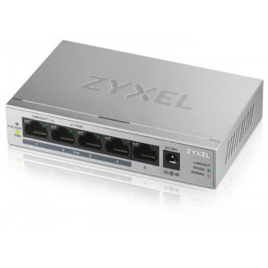 ZYXEL GS1005-HP, 5 PORT GIGABIT POE+ UNMANAGED DESKTOP SWITCH, 4 X POE, 60 WATT