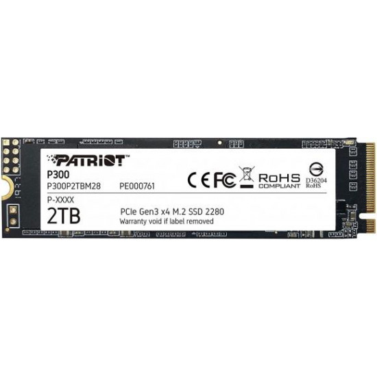 SSD|PATRIOT|P300|2TB|M.2|PCIE|NVMe|QLC|Write speed 1650 MBytes/sec|Read speed 2100 MBytes/sec|3.8mm|TBW 960 TB|P300P2TBM28