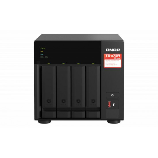 4-Bay QNAP NAS, AMD Ryzen V1000 Series, V1500B 4C/8T 2.2GHz, 8GB DDR4 RAM (2 x SODIMM Slots, max. 64GB, Optional ECC RAM Support), 4x SATA 6Gb/s Bays, 2x M.2 NVMe PCIe Gen3 SSD Slots, 2 x 2.5GbE LAN, Optional 10GbE, 2x PCIe 3.0 x 4 Slots, USB 3.2 Gen2 Typ