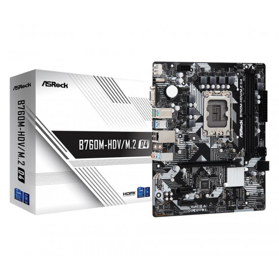 Mainboard|ASROCK|Intel B760 Express|LGA1700|Micro-ATX|Memory DDR4|Memory slots 2|2xPCI-Express 3.0 1x|1xPCI-Express 4.0 16x|2xM.2|1x15pin D-sub|1xHDMI|1xDisplayPort|2xUSB 2.0|3xUSB 3.2|1xUSB-C|1xPS/2|1xRJ45|3xAudio port|B760M-HDV/M.2D4