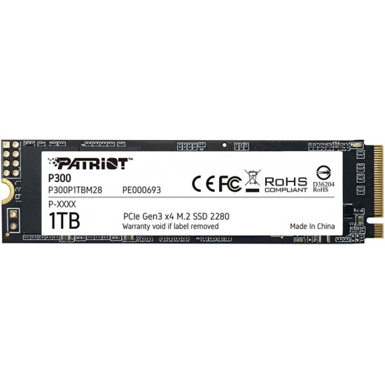 SSD|PATRIOT|P300|1TB|M.2|PCIE|NVMe|3D NAND|Write speed 1650 MBytes/sec|Read speed 2100 MBytes/sec|3.8mm|TBW 480 TB|P300P1TBM28