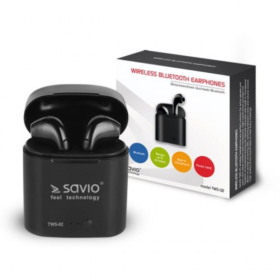 Savio TWS-02 Wireless Bluetooth Earphones, Black