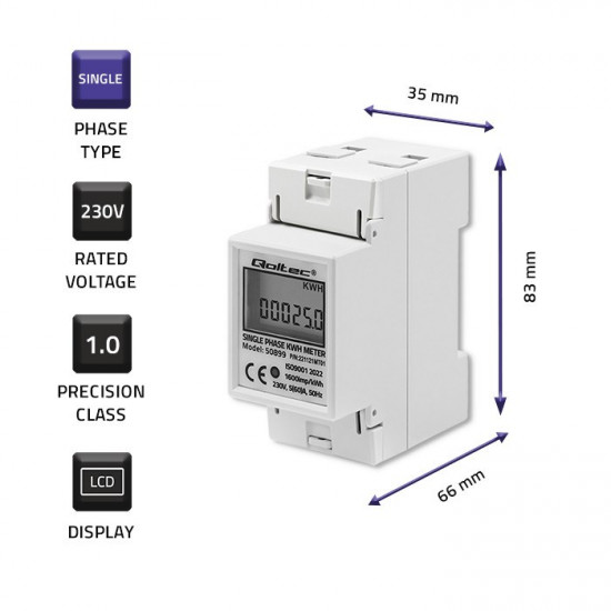 Qoltec 50899 Single phase electronic energy consumption meter | 230 V | LCD | 2P | DIN rail