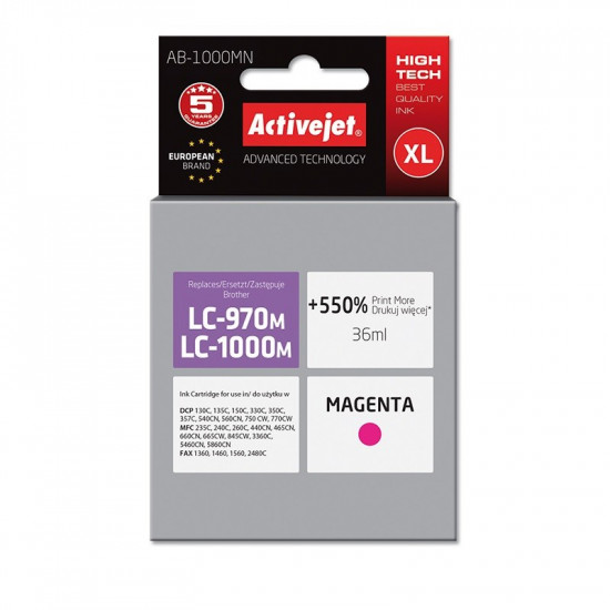 Activejet AB-1000MN Ink cartridge (replacement for Brother LC1000M/970M Supreme 35 ml magenta). Prints 550% more.