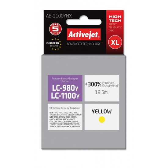 Activejet AB-1100YNX Ink cartridge (replacement for Brother LC1100Y/980Y Supreme 19.5 ml yellow)