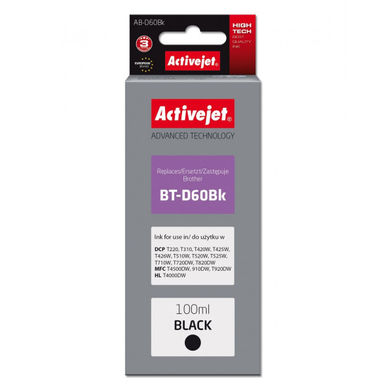 Activejet AB-D60Bk Ink Bottle (Replacement for Brother BT-D60Bk Supreme 100 ml black)