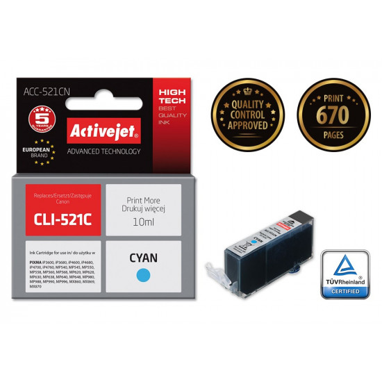 Activejet ACC-521CN Ink cartridge (replacement for Canon CLI-521C Supreme 10 ml cyan)