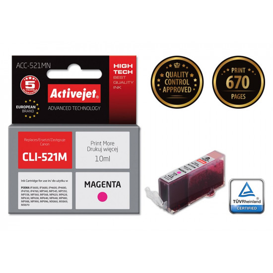 Activejet ACC-521MN Ink cartridge (replacement for Canon CLI-521M Supreme 10 ml magenta)