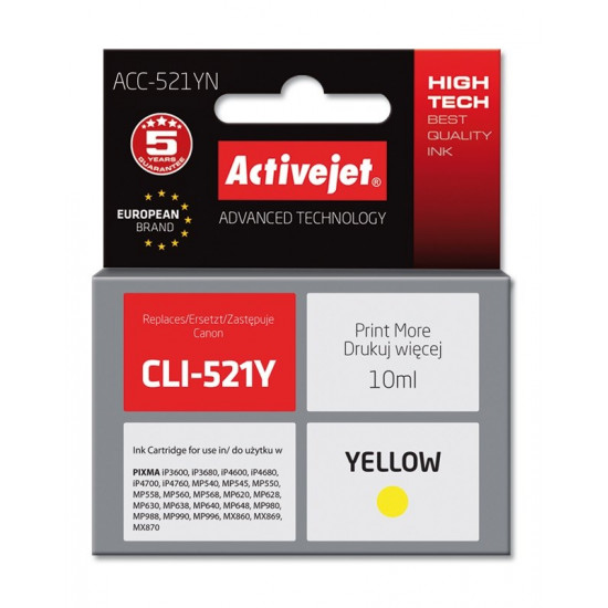 Activejet ACC-521YN Ink cartridge (replacement for Canon CLI-521Y Supreme 10 ml yellow)