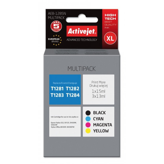 Activejet AEB-1285N Ink (replacement for Epson T1281, T1282, T1283, T1284 Supreme 1 x 15 ml, 3 x 13 ml black, magenta, cyan, yellow)