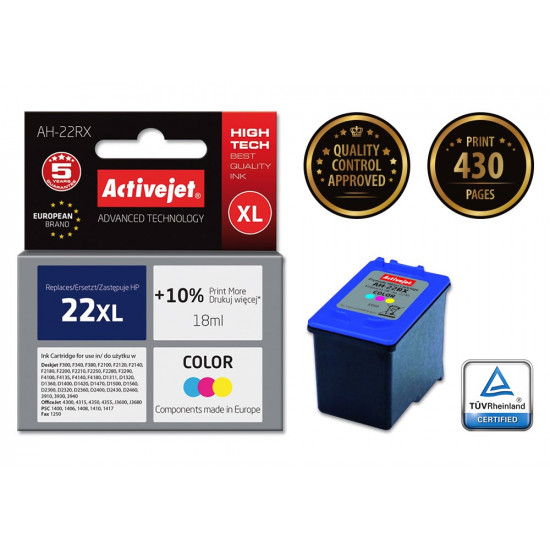 Activejet AH-22RX Ink cartridge (replacement for HP 22XL C9352A Premium 18 ml color)