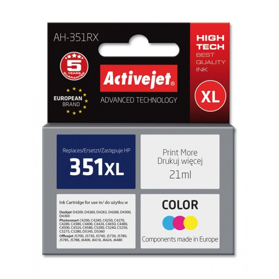 Activejet Ink Cartridge AH-351RX for HP Printer, Compatible with HP 351XL CB338EE Premium 21 ml colour.