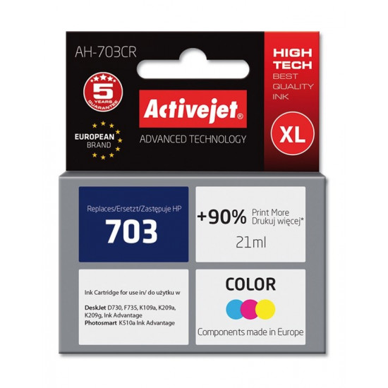 Activejet AH-703CR Ink Cartridge for HP Printer, Compatible with HP 703 CD888AE Premium 21 ml colour. Prints 90% more.
