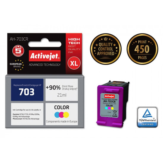 Activejet AH-703CR Ink Cartridge for HP Printer, Compatible with HP 703 CD888AE Premium 21 ml colour. Prints 90% more.