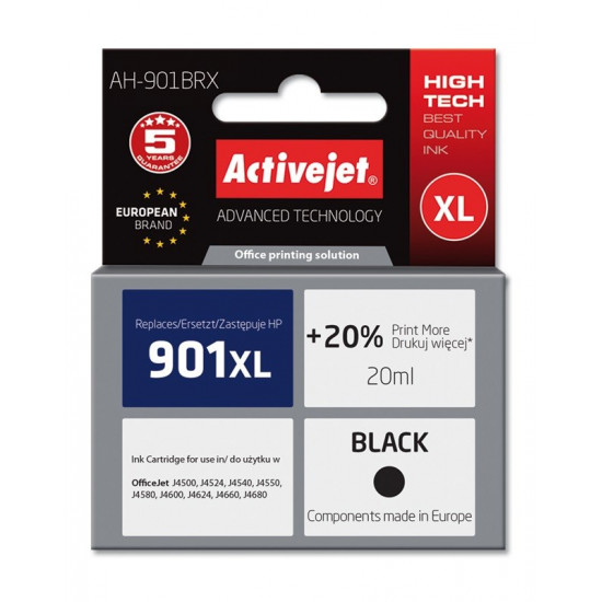 Activejet AH-901BRX HP Printer Ink, Compatible with HP 901XL CC654AE Premium 20 ml black. Prints 20% more.