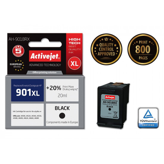 Activejet AH-901BRX HP Printer Ink, Compatible with HP 901XL CC654AE Premium 20 ml black. Prints 20% more.