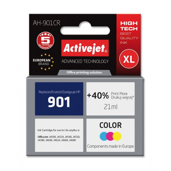 Activejet AH-901CR HP Printer Ink, Compatible with HP 901 CC656AE Premium 21 ml colour. Prints 40% more.