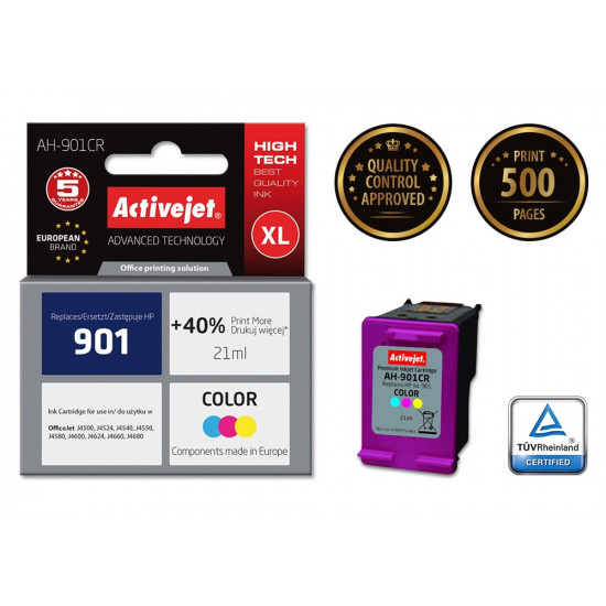 Activejet AH-901CR HP Printer Ink, Compatible with HP 901 CC656AE Premium 21 ml colour. Prints 40% more.